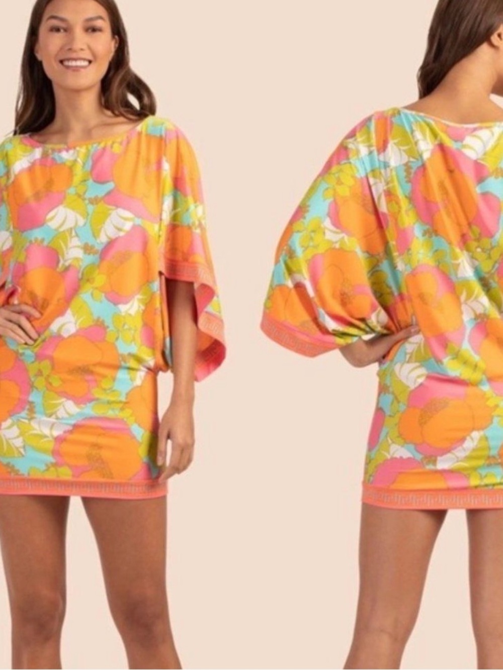 Trina Turk Orange Multi Floral Dolman Sleeve Swim Coverup Tunic